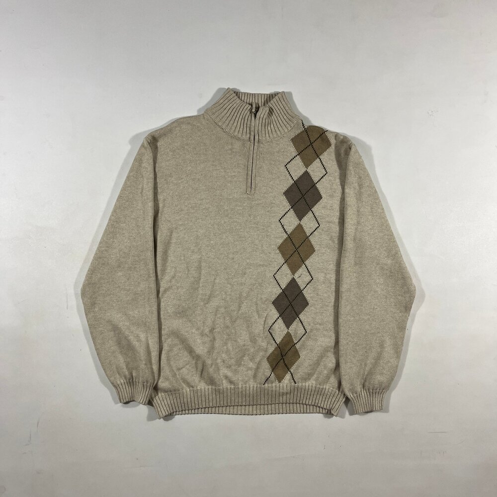 Arrow Oatmeal Cream Argyle Cotton Knit Quarter Zip Mock Neck Sweater L